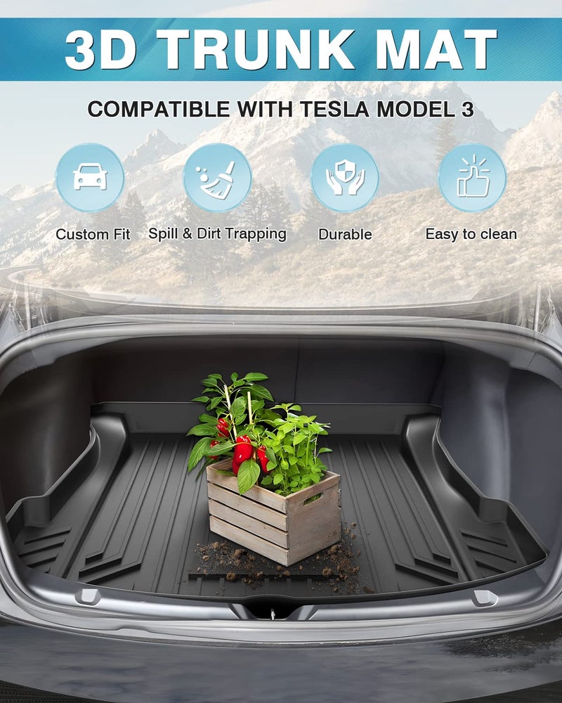 Mixsuper Custom Fit Cargo Liner for 2017-2023 Tesla Model 3, All Weather Trunk Mat Durable 3D Upgrade Anti-Slip Rear Trunk Liner Cargo Mat Black - Image 2